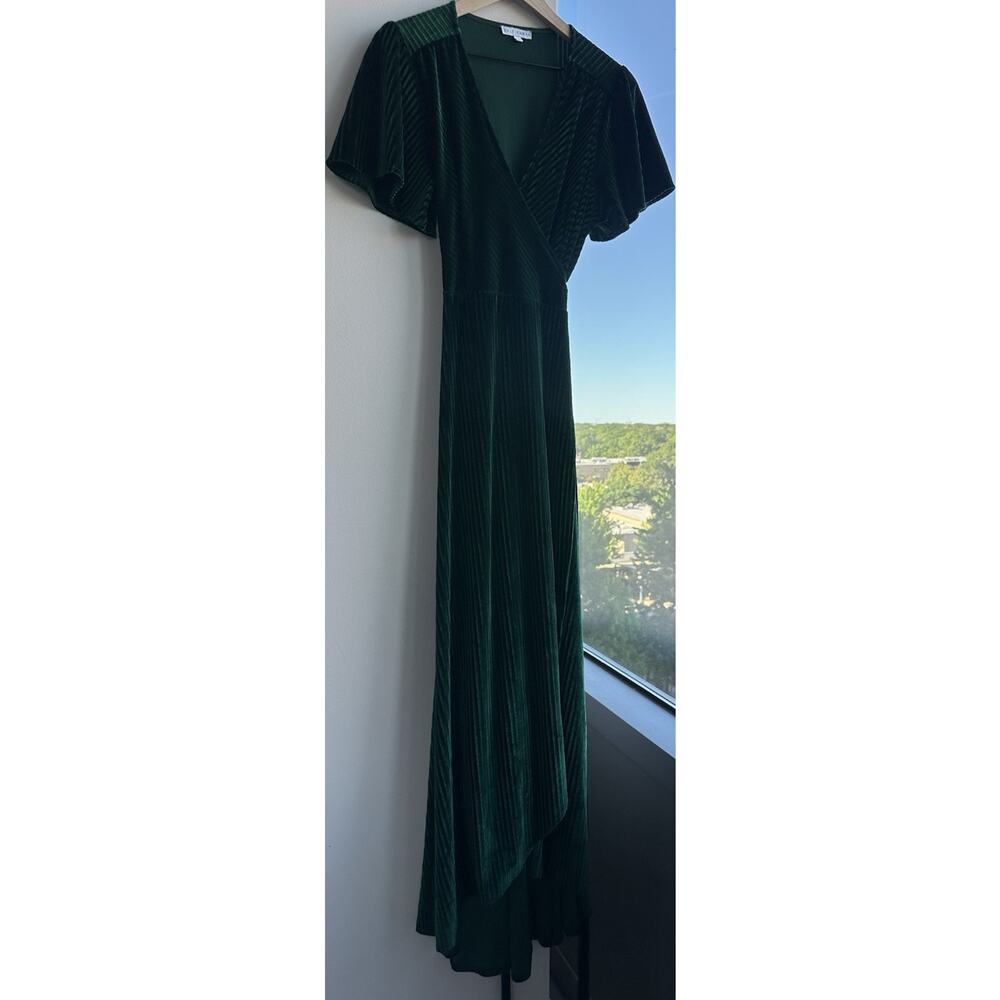 Baltic Born Maxi Dress Green Velvet Wrap Pleated V-Neck Lined Flutter Sleeve L